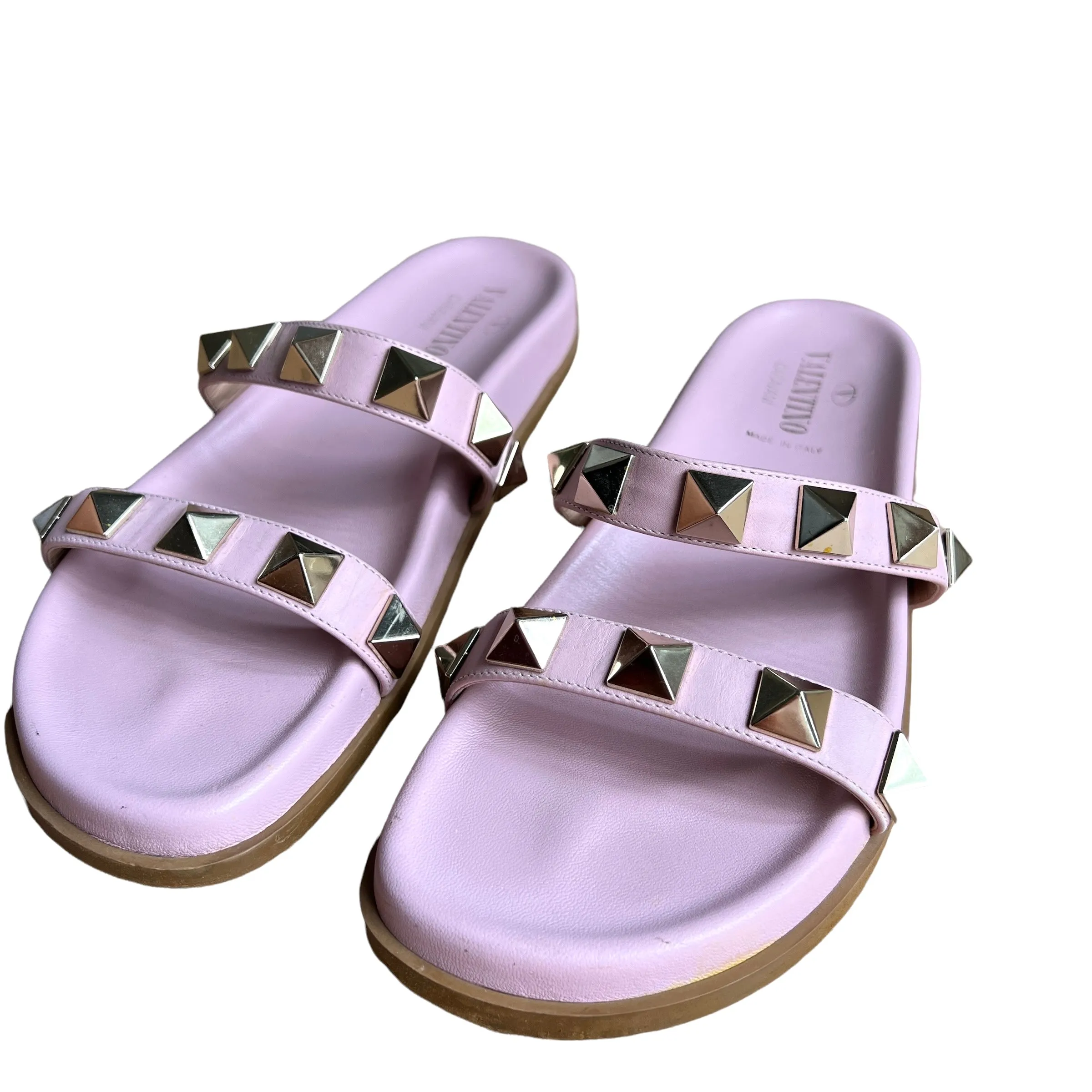 Pink Leather Giant Rockstud Slides - 10