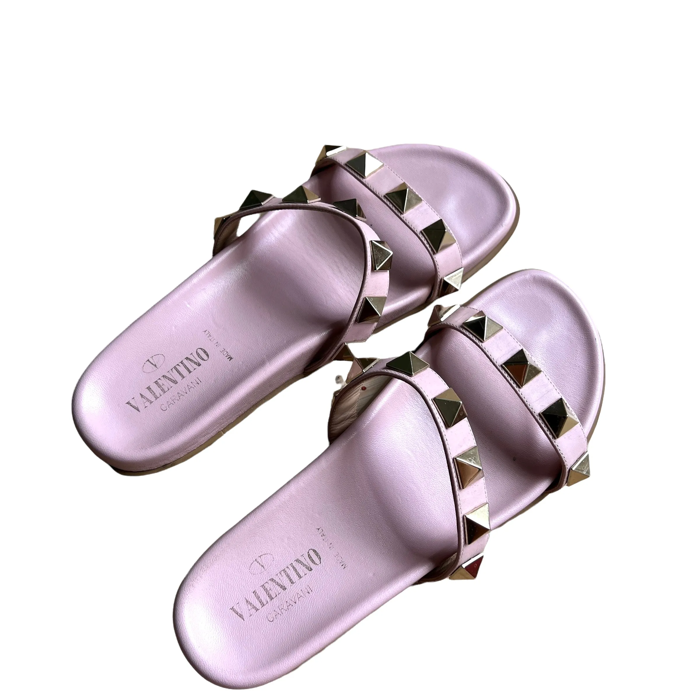 Pink Leather Giant Rockstud Slides - 10
