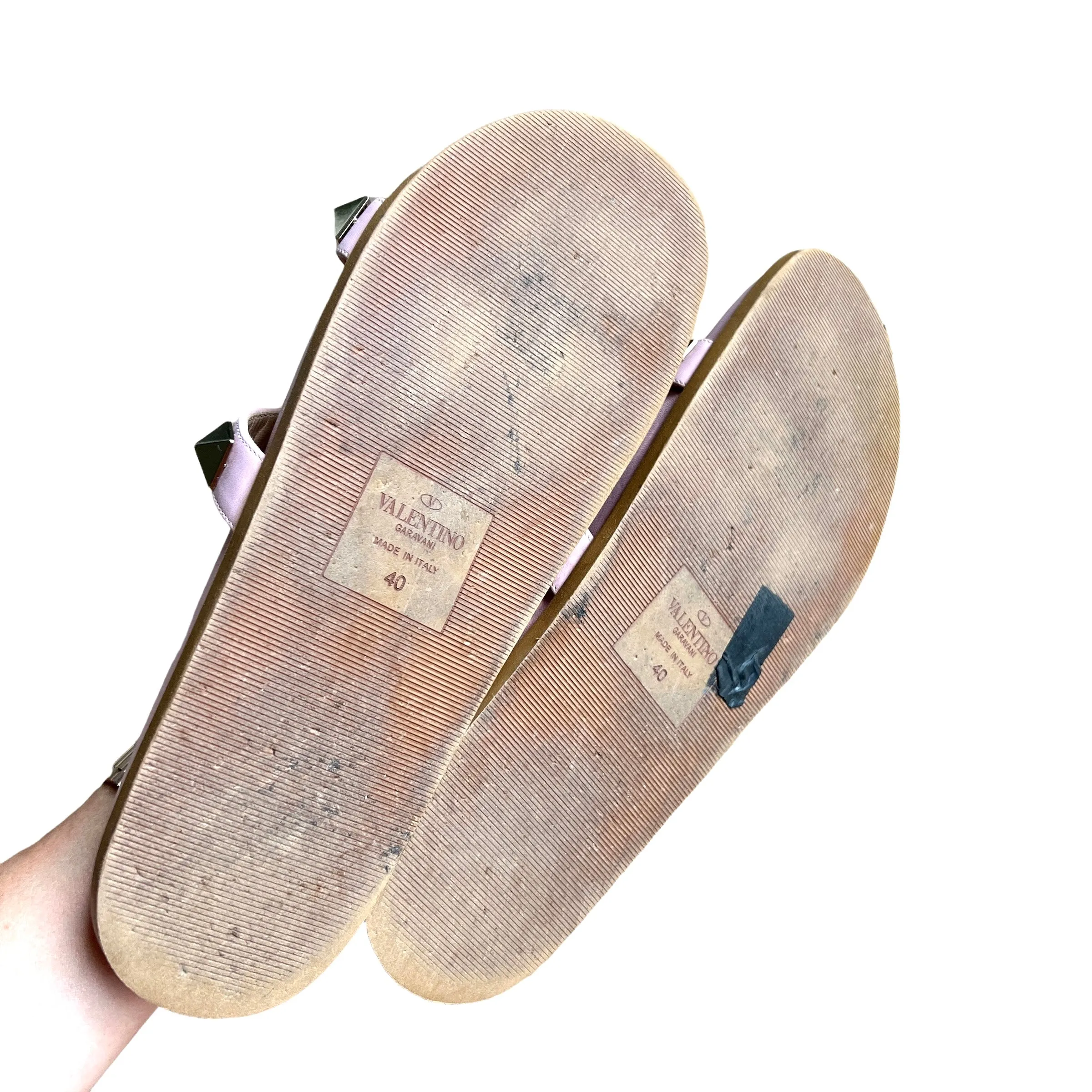 Pink Leather Giant Rockstud Slides - 10