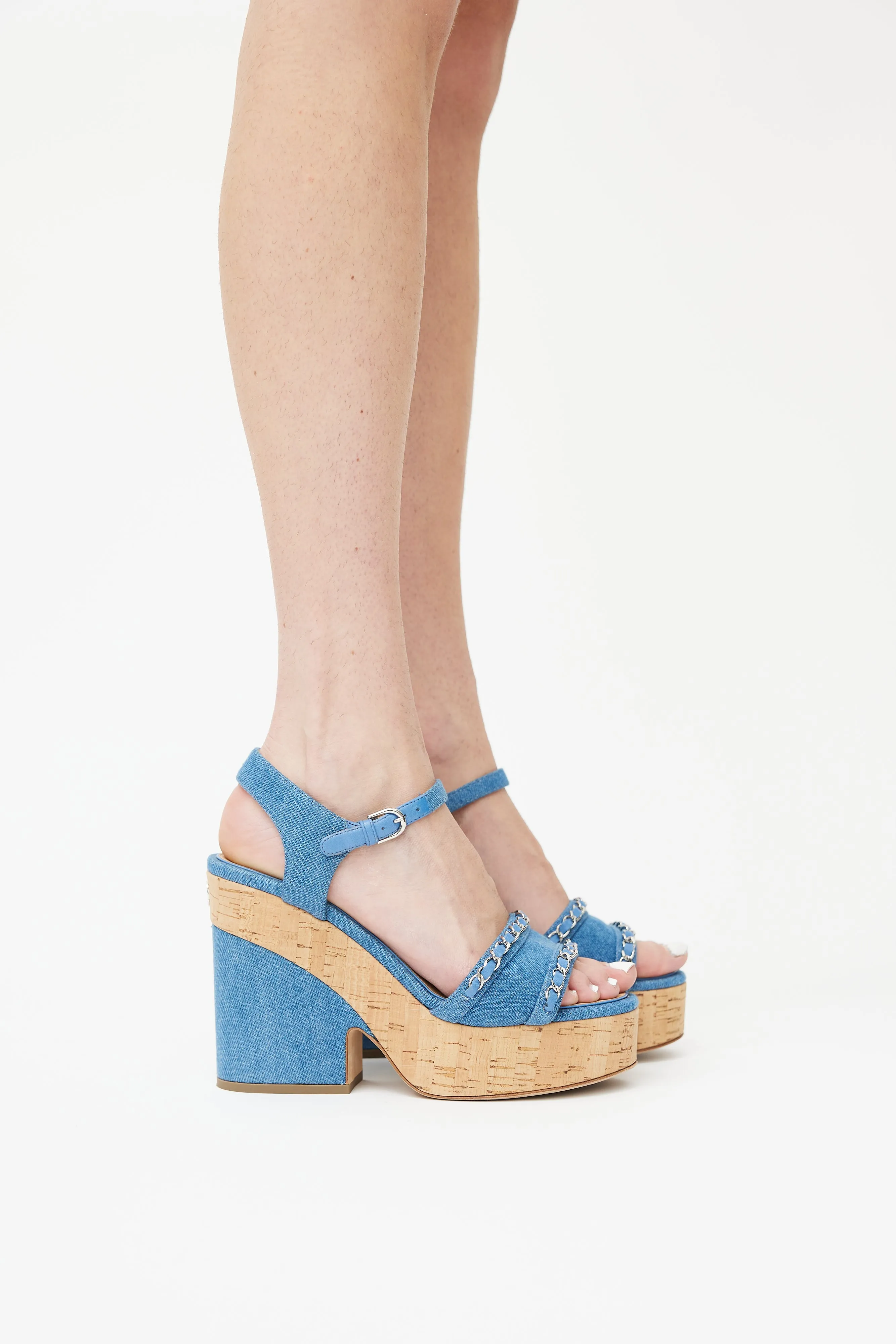 SS 2019 Blue Denim & Cork Heeled Sandal