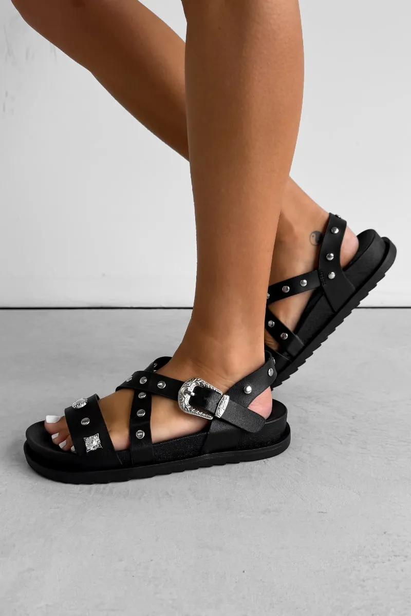 VIENNA Chunky Studded Western Buckle Sandals - Black/Silver
