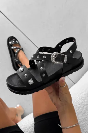 VIENNA Chunky Studded Western Buckle Sandals - Black/Silver