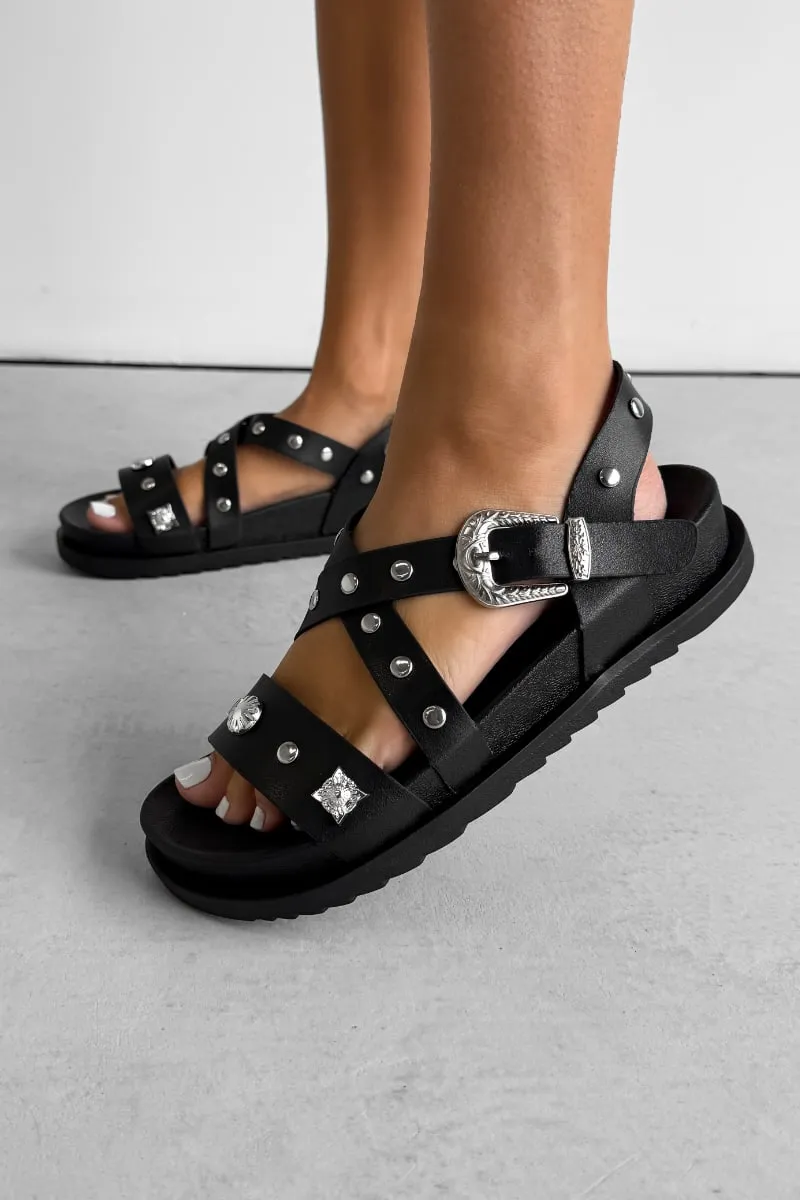 VIENNA Chunky Studded Western Buckle Sandals - Black/Silver